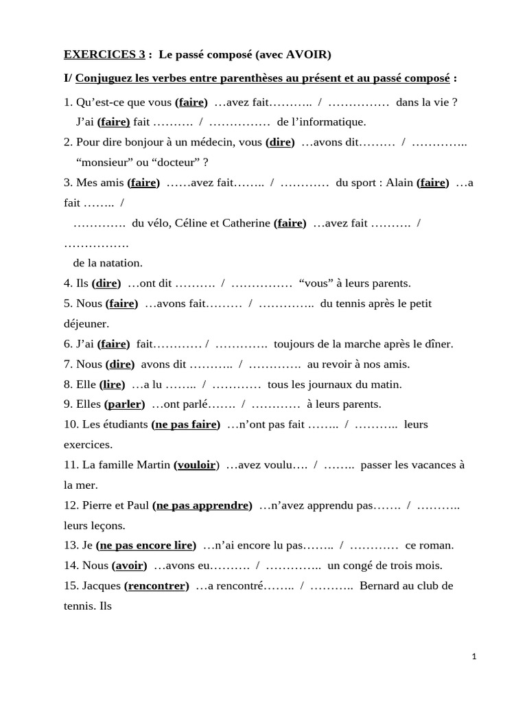 Exercices 3 Passé Composé Pdf
