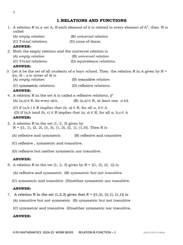 1.relations and Functions: Answer | PDF