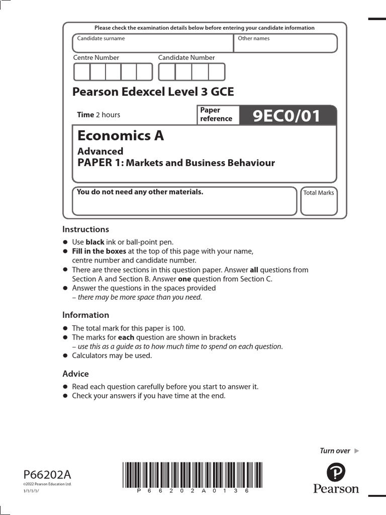 June 2022 QP - Paper 1 Edexcel (A) Economics A-Level | PDF