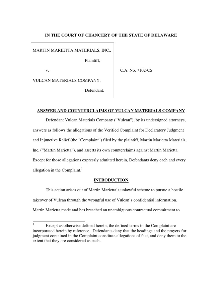 Vulcan Materials Answers and Counterclaims PDF Non Disclosure