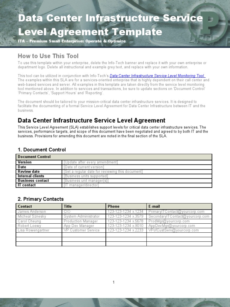 Data Center Infrastructure SLA Template  PDF  Service Level Inside standard sla agreement template