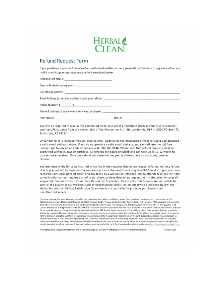 Herbal Clean Refund Form 8.5.24 | PDF