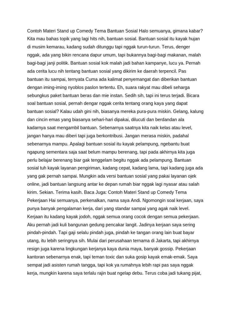 Contoh Materi Stand Up Comedy Tema Bantuan Sosial Halo Semuanya | PDF