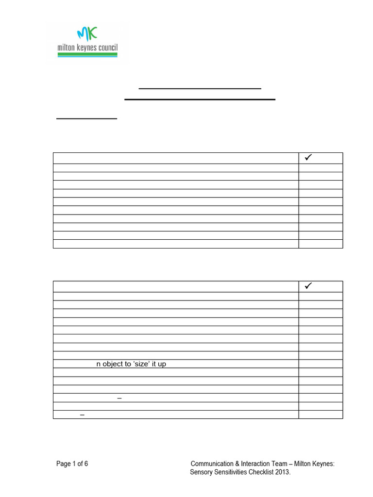 Sensory Sensitivities Checklist Oct 13 Pdf