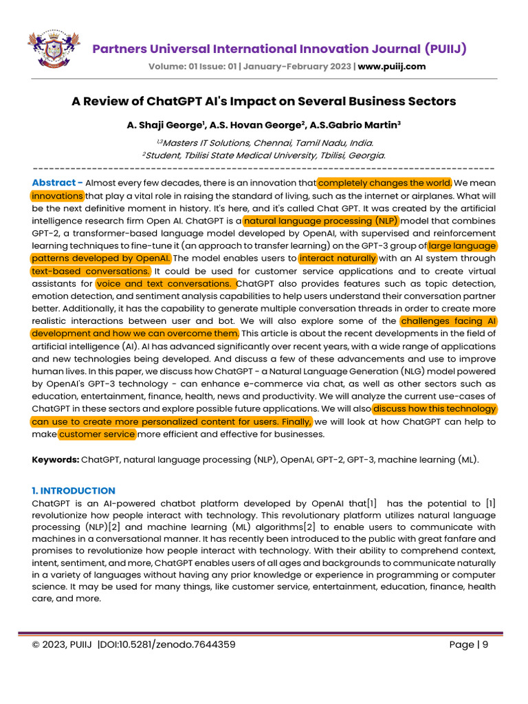 A Review of ChatGPT AI's Impact On Several Business Sectors | PDF