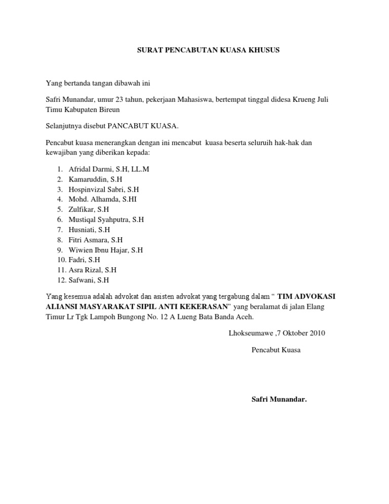 Contoh Pencabutan Surat Kuasa  Lina Pdf