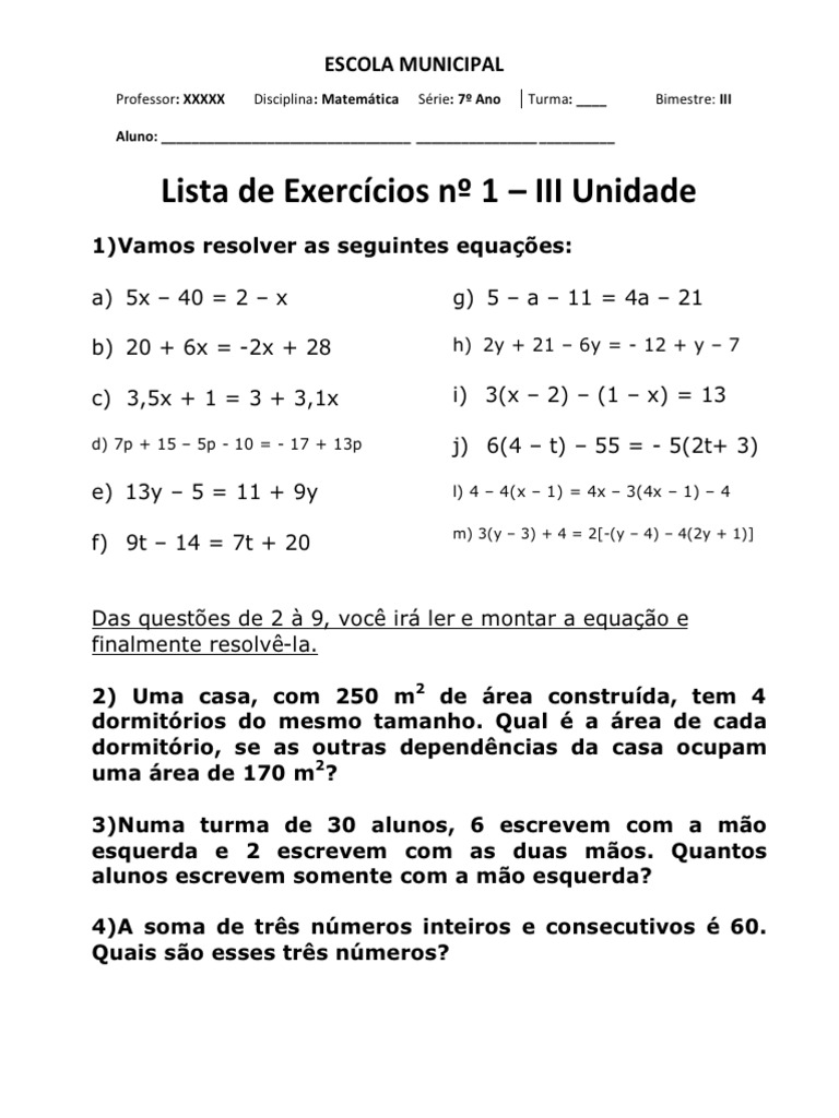 7º Ano Lista de Exercicios Matematica | PDF