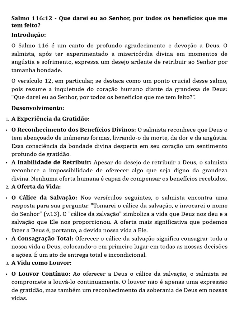 Que Darei Eu Ao Senhor, Por Todos Os Benefícios Que Me Tem Feito | PDF ...