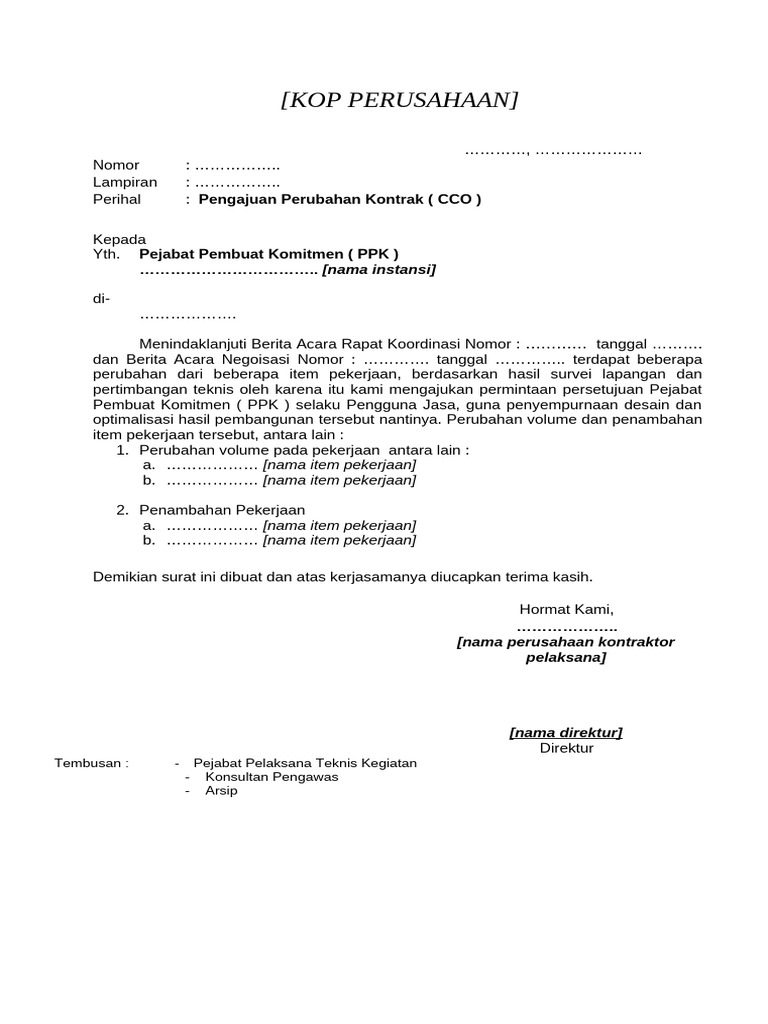 Surat Pengajuan Perubahan Kontrak CCO | PDF