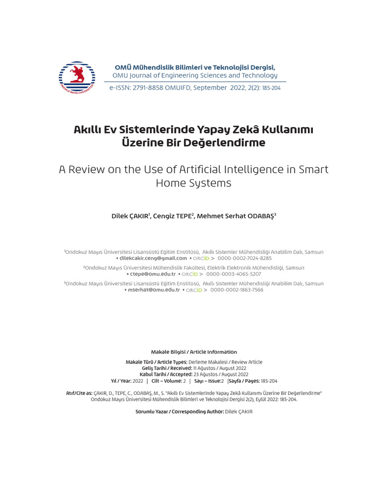 Akll Ev Sistemlerinde Yapay Zek Kullanm Zerine Bir Deerlendirme | PDF