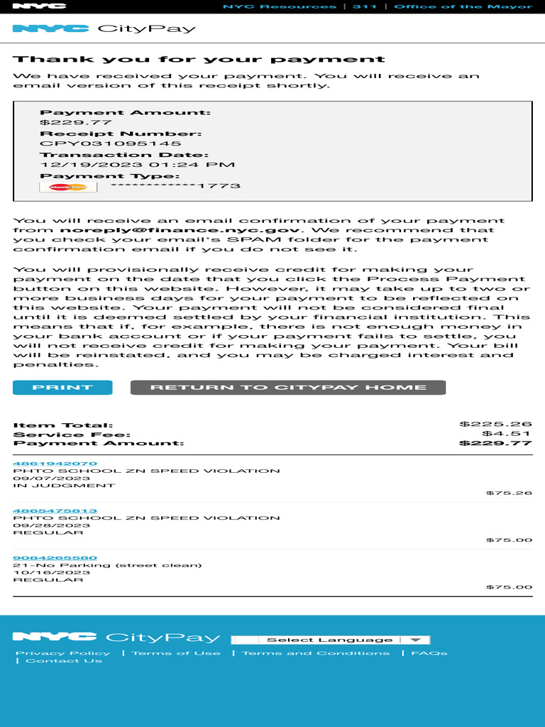 Thank You For Your Payment NYC CityPay City of New York PDF
