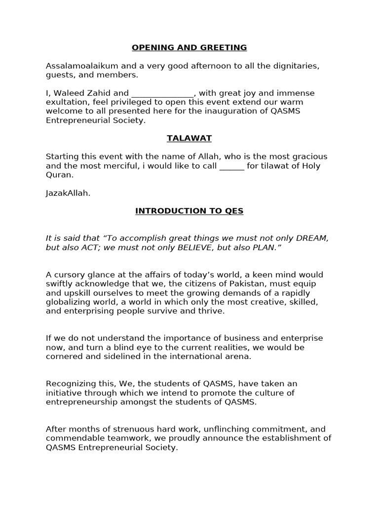 Edited Script of QES Opening Ceremony | PDF