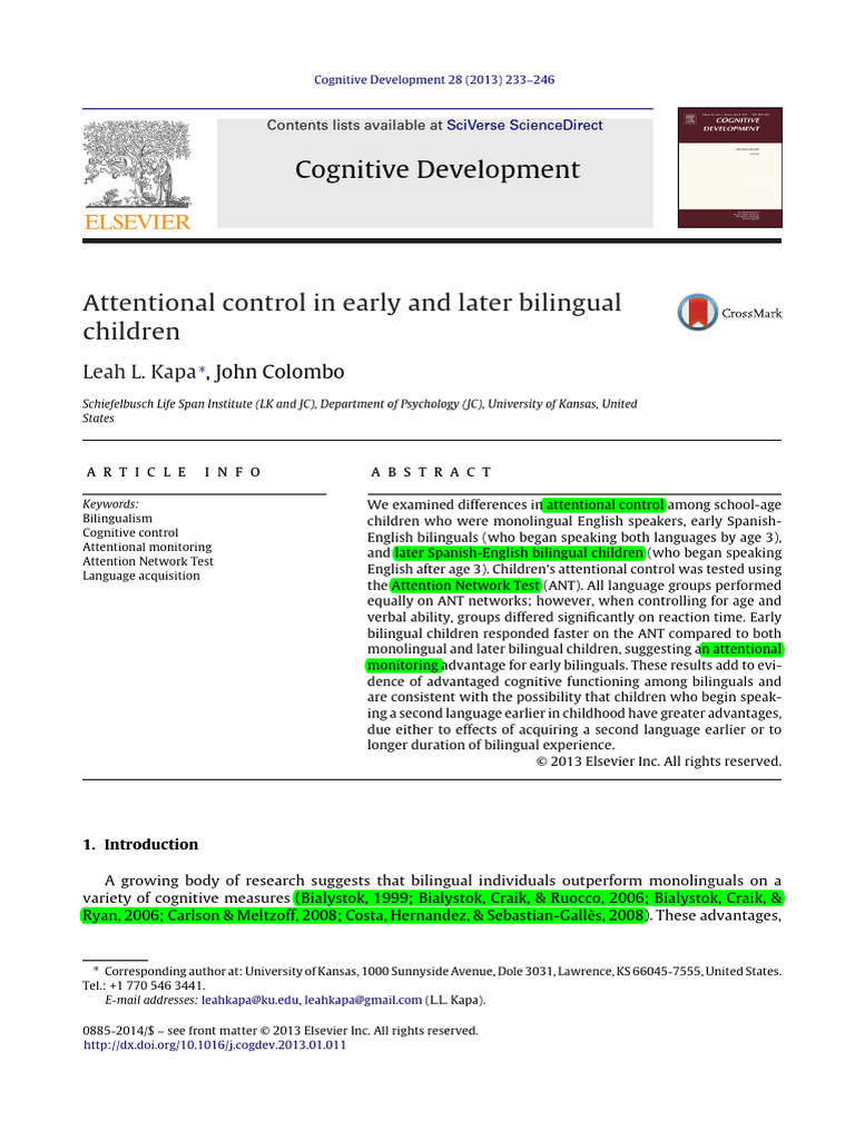 Attentional Control in Early and Later Bilingualchildren | PDF