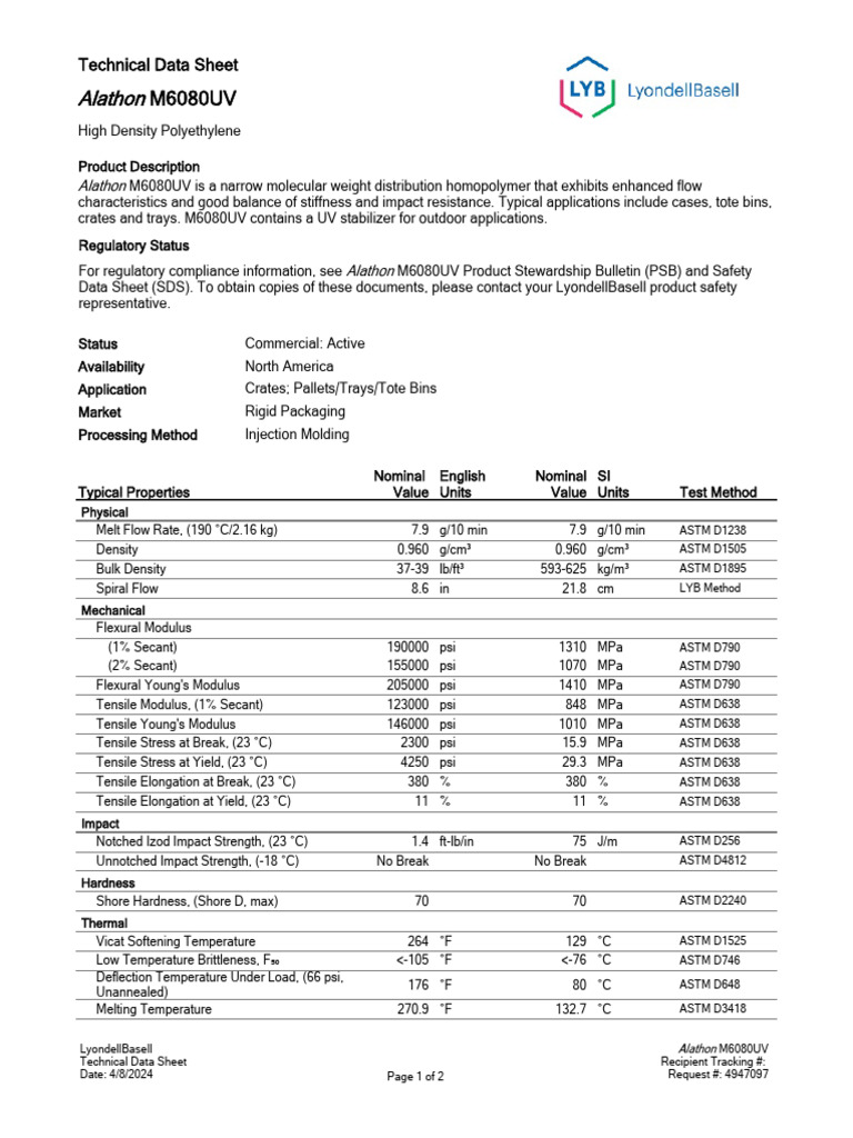 Alathon M6080UV Technical Data Sheet | PDF | Ultimate Tensile Strength ...