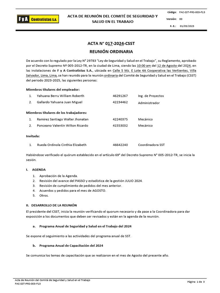 Acta Reunión 017 - AGOSTO-2024 | PDF