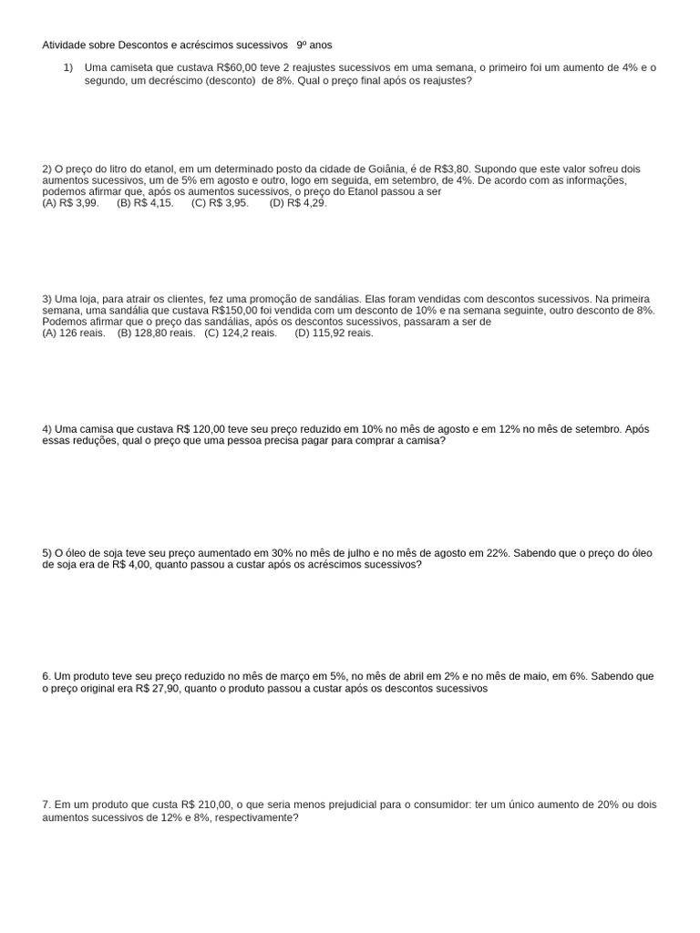 Atividade Sobre Descontos e Acréscimos Sucessivos 9º Anos | PDF | Negócios