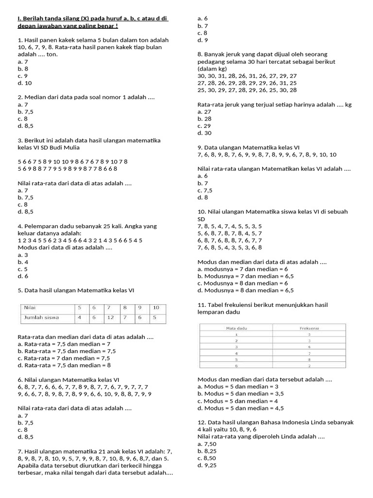 Contoh Soal Mean Median Modus Kelas 6