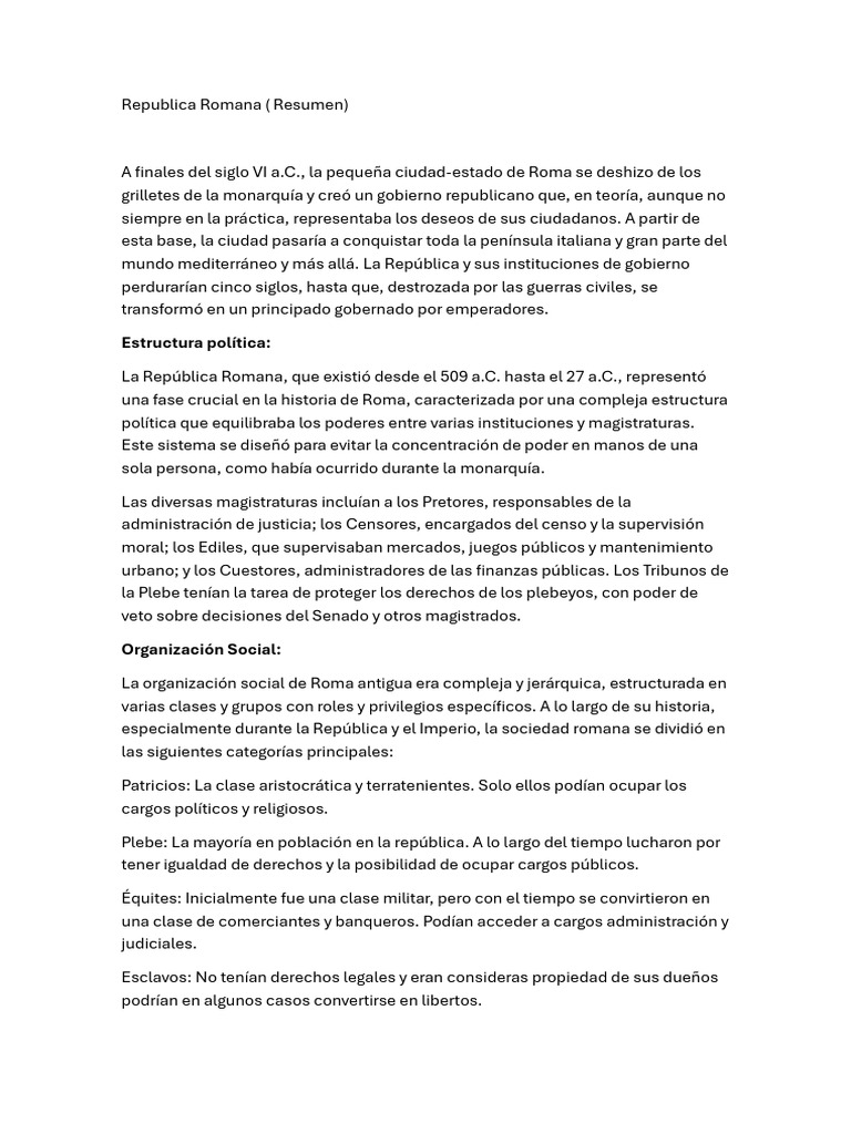 Estructura y Organización de la República Romana | PDF | Republica ...