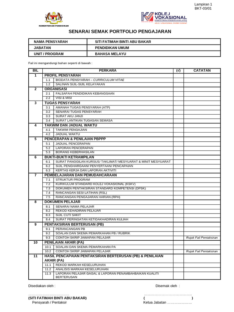 Senarai Semak Fail Portfolio Pengajaran | PDF