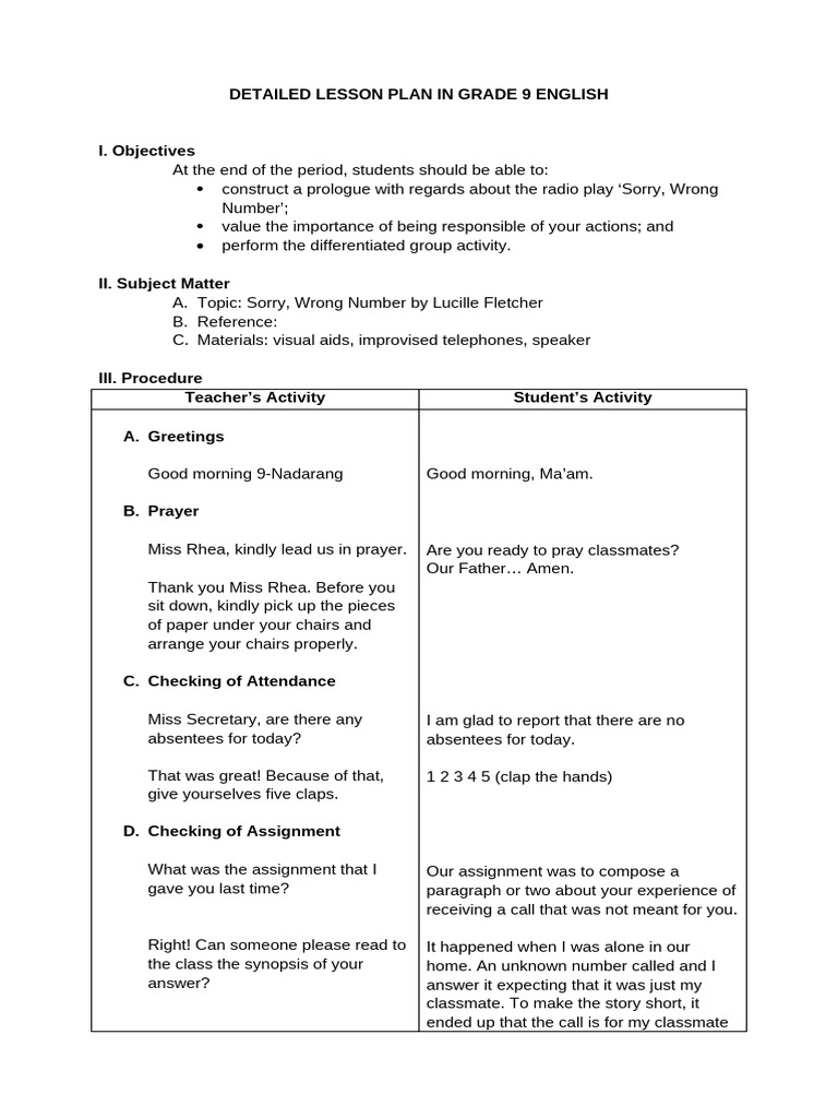 Grade 9 English Lesson Plan: Sorry, Wrong Number | PDF | Lesson Plan ...