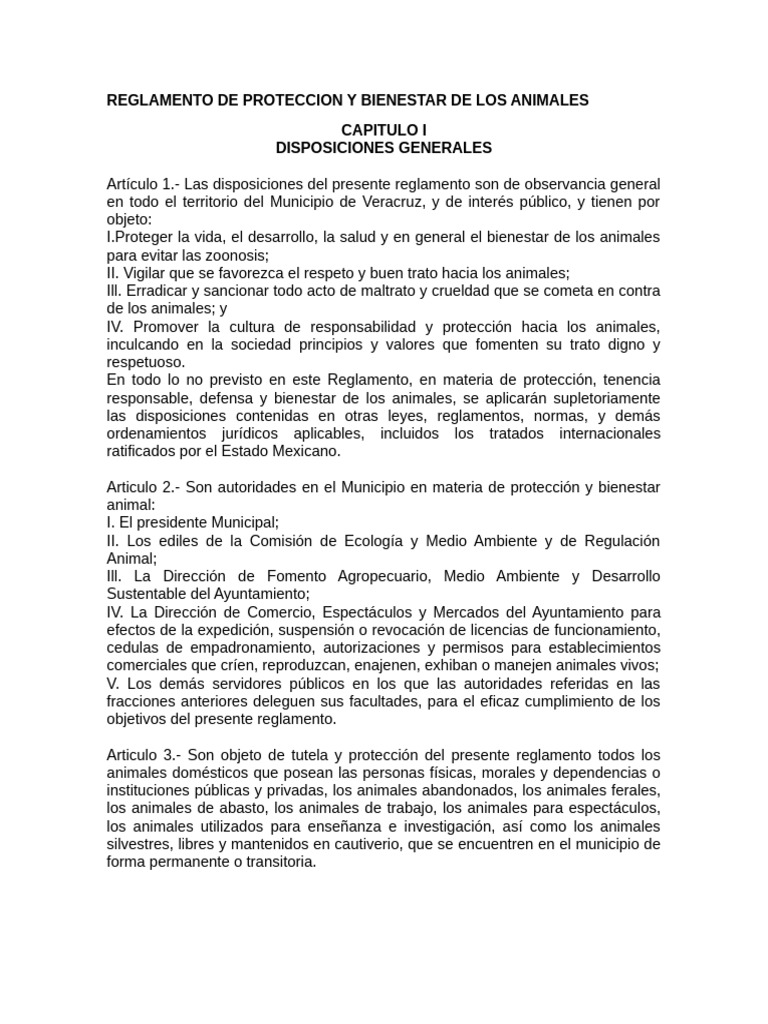 Reglamento de Proteccion y Bienestar de Los Animales | PDF
