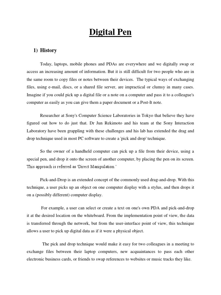 Digital Pen 1) History PDF Personal Digital Assistant Personal