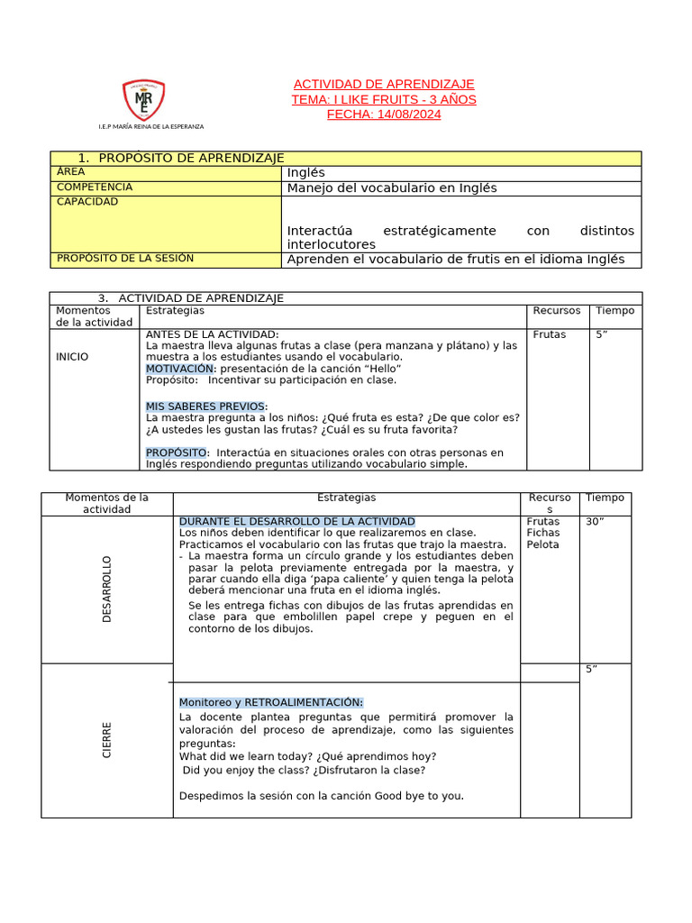 Sesión de Aprendizaje 3 Años | PDF
