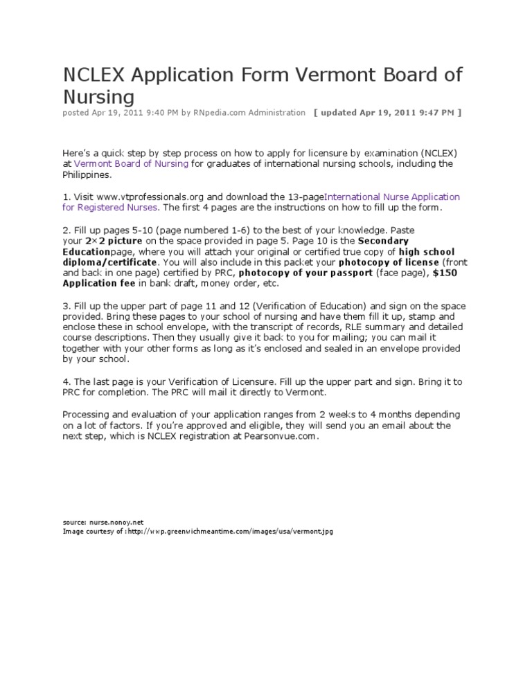 NCLEX Application Form Vermont Board of Nursing PDF