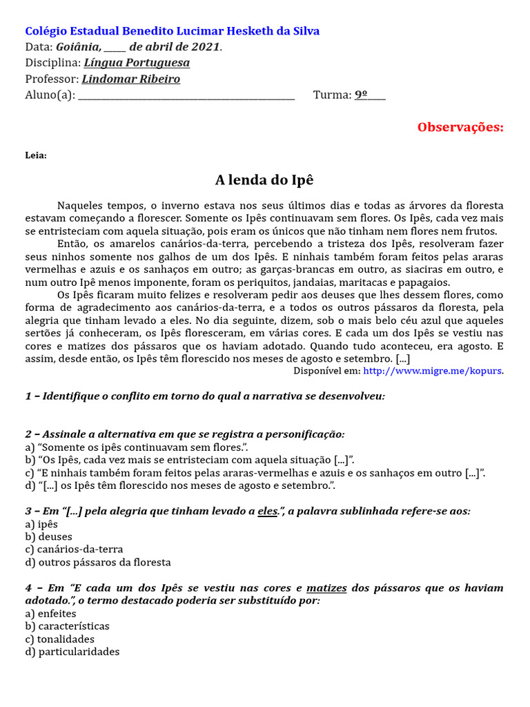 Atividade de Interpretação de Texto 9 Ano | PDF