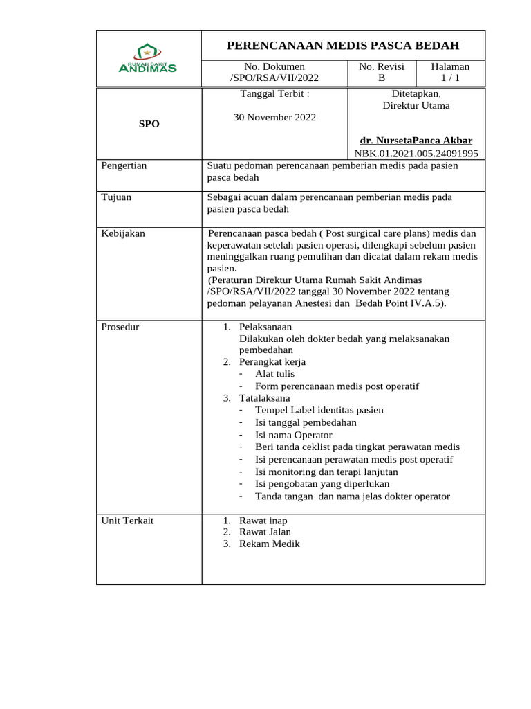 SPO Perencanaan Medis Post Operatif | PDF
