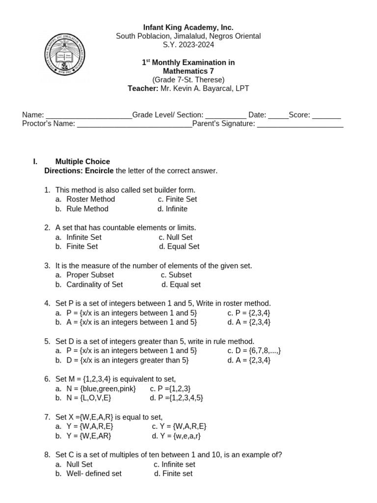 TQ Grade 7 Math | PDF | Set (Mathematics) | Mathematics