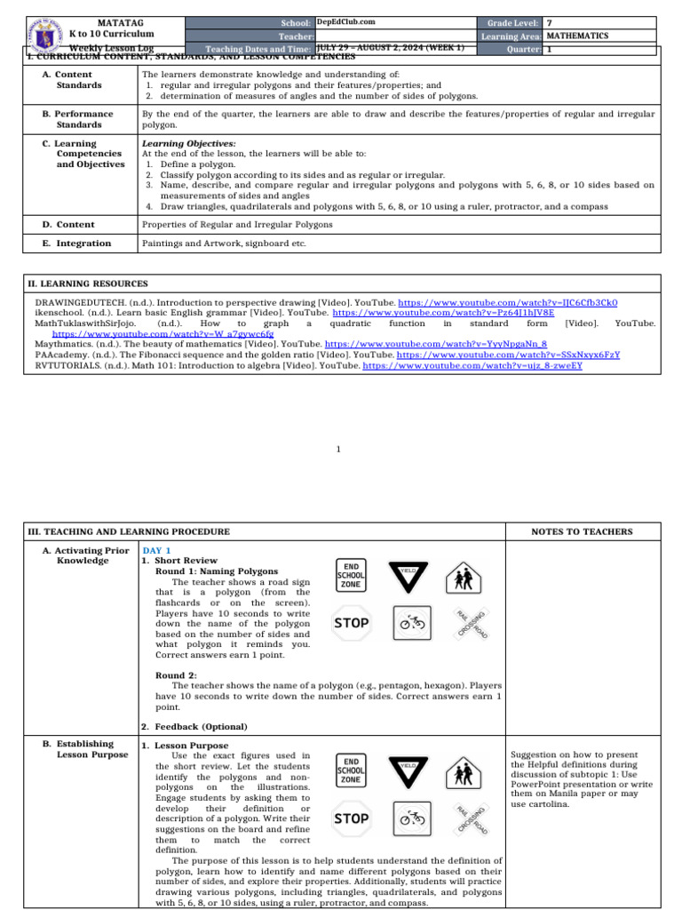 Grade 7 Matatag Math DLL Quarter 1 | PDF | Polygon | Circle