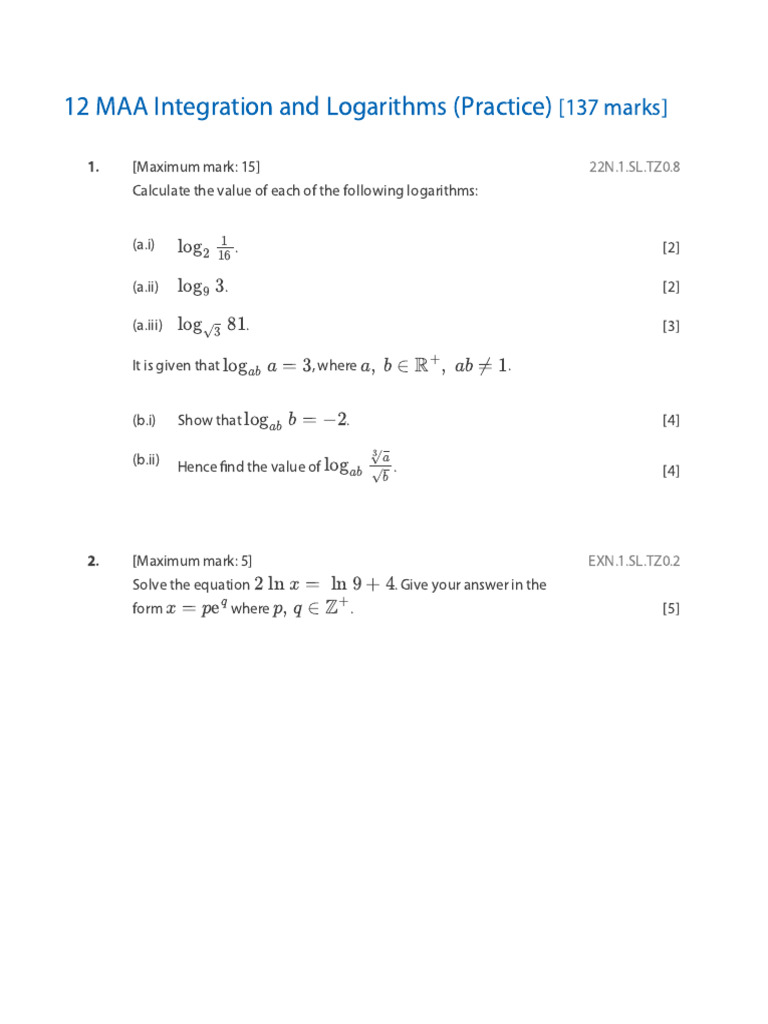 12 MAA Integration and Logarithms Practice | PDF
