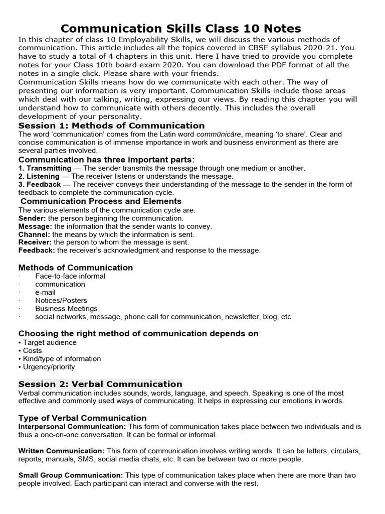 Communication Skills Class 10 Notes PDF | PDF