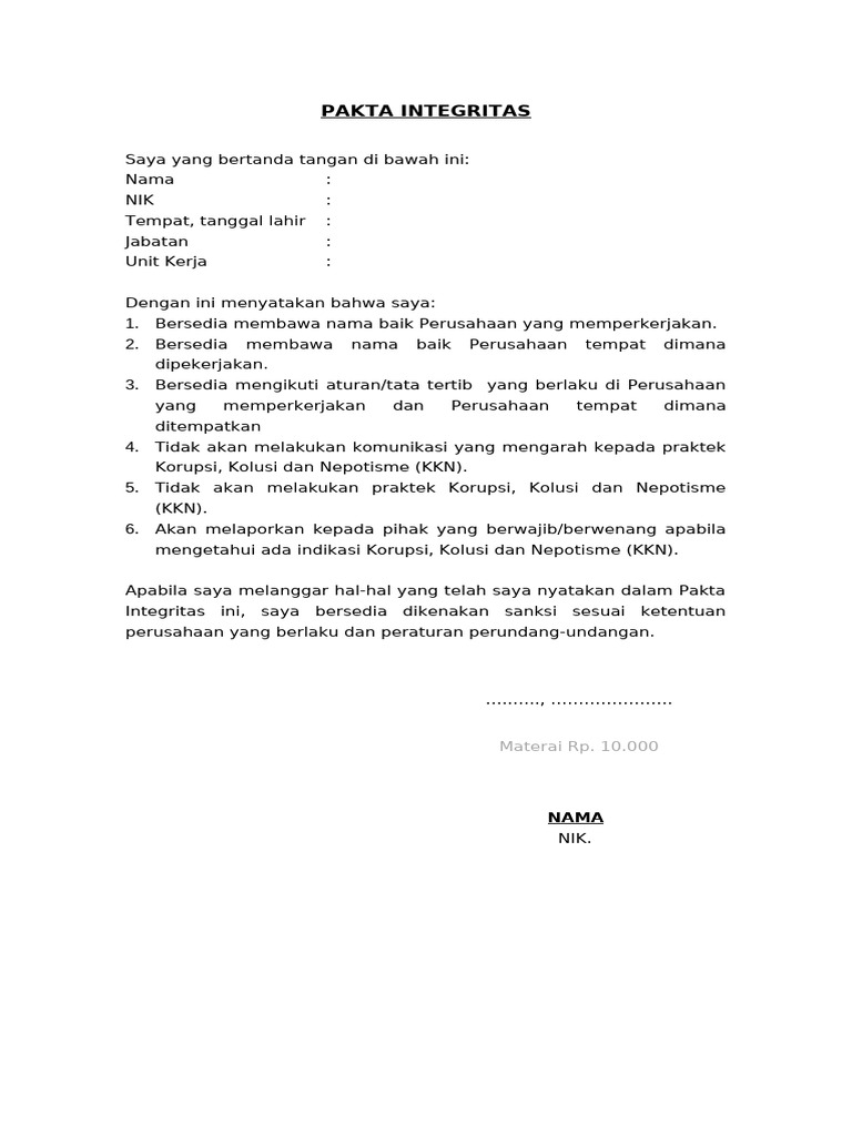 Formulir PAKTA INTEGRITAS | PDF