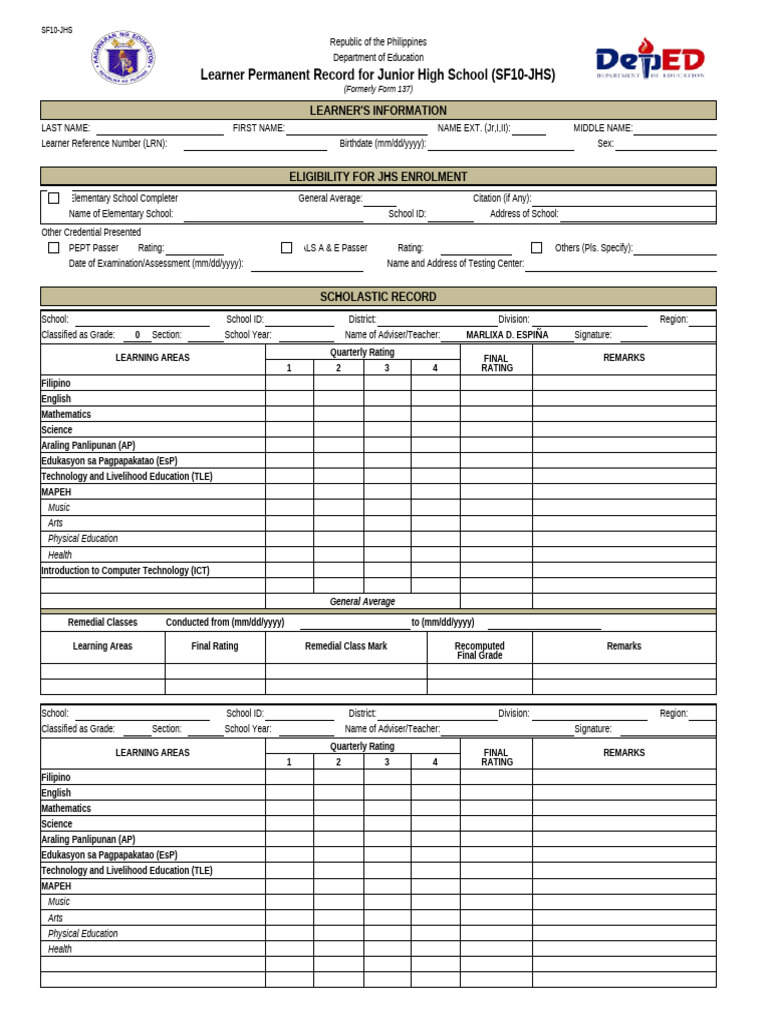 Form 137 jhs format pdf
