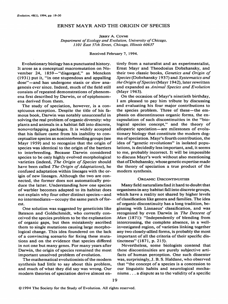 Evolution - February 1994 - Coyne - ERNST MAYR AND THE ORIGIN OF ...