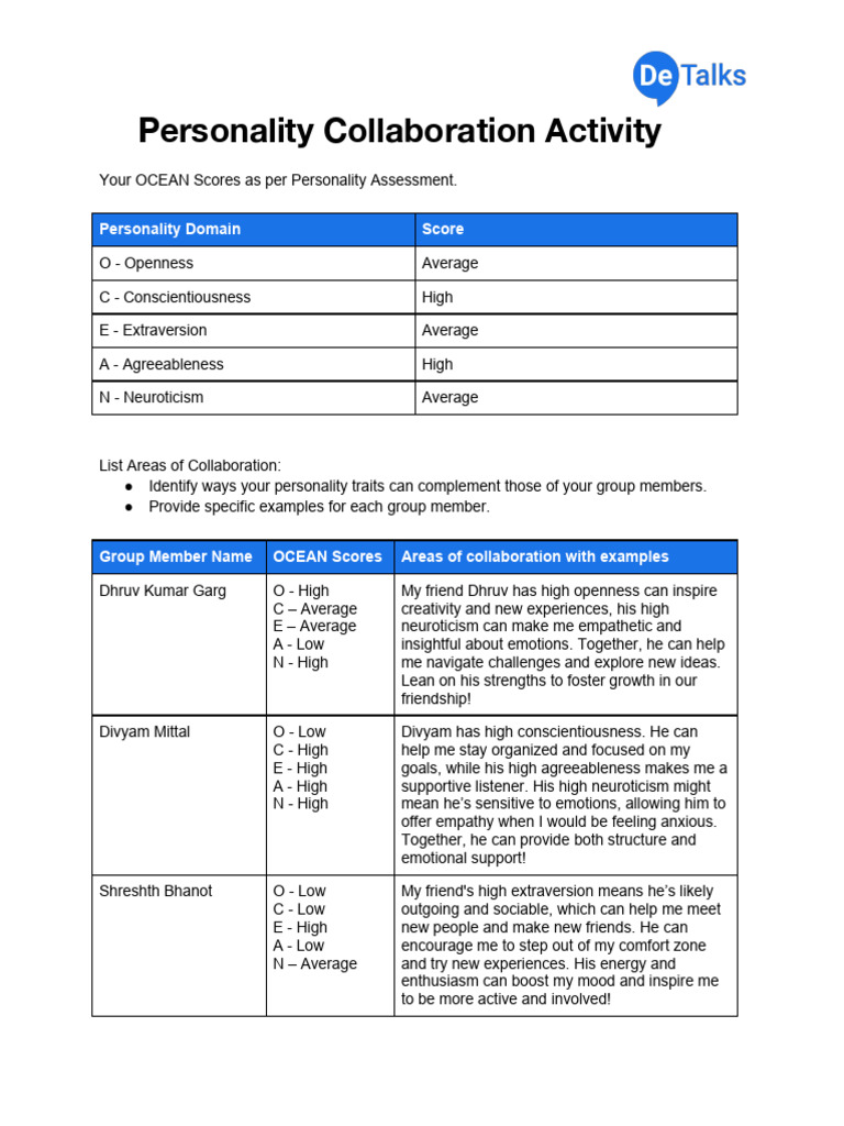 Personality Collaboration Activity | PDF