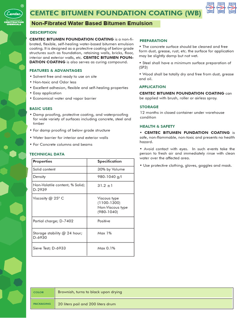 Cemtec Bitumen Foundation Coating (WB) TDS - Removed | PDF