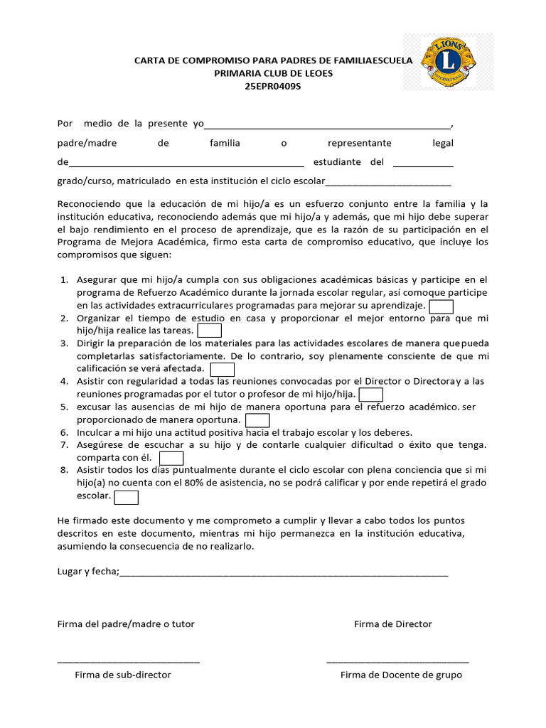 Formato de Carta de Compromiso para Padres de Familia | PDF