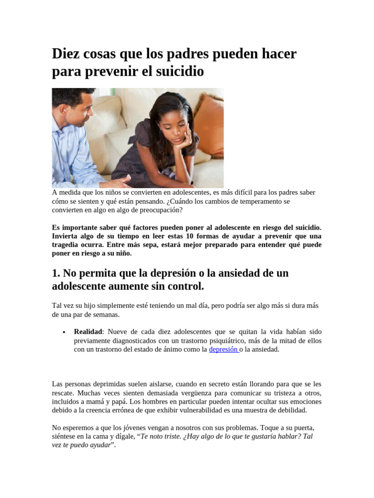 Diez Cosas Que Los Padres Pueden Hacer para Prevenir El Suicidio | PDF ...