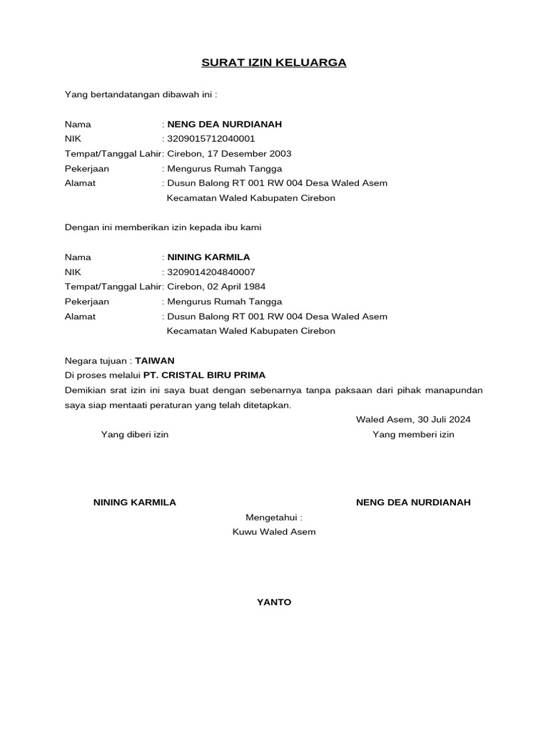 Surat Izin Keluarga | PDF