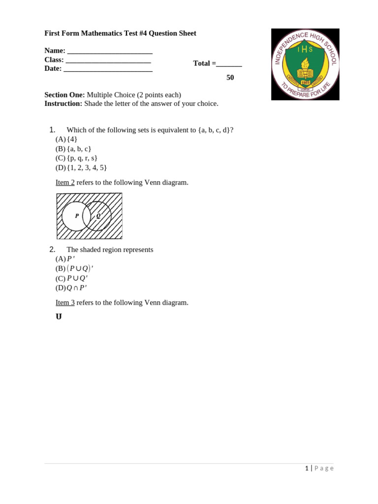 First Form Mathematics Test #4 Questions | PDF | Mathematical Concepts ...