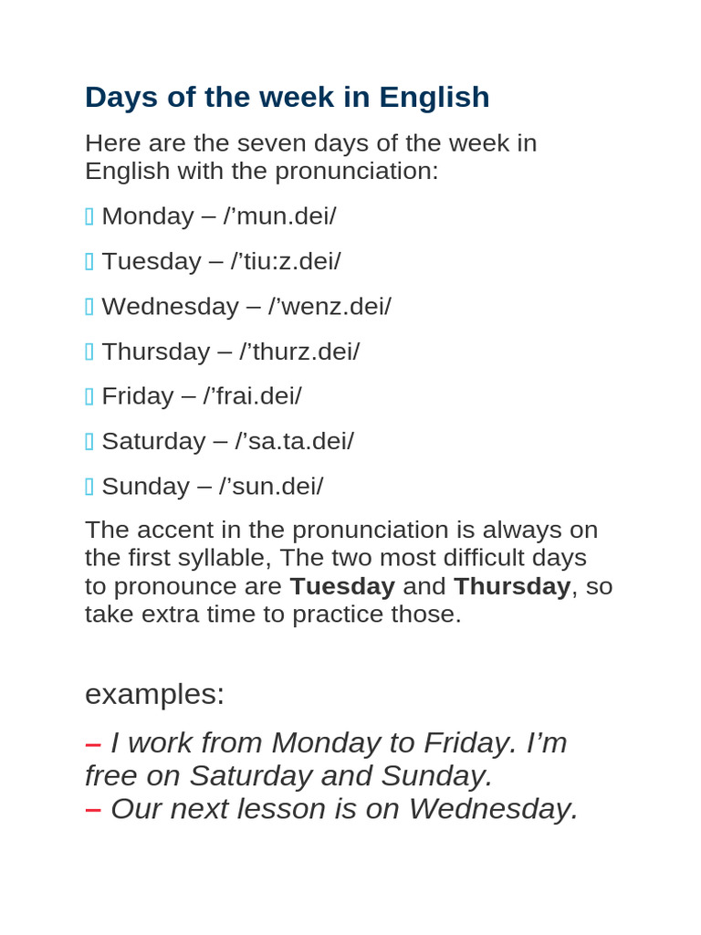 Days of The Week in English | PDF
