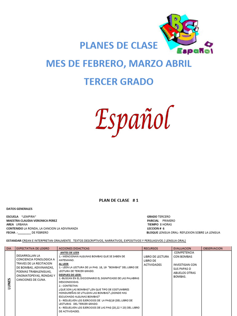 Planes de Clase de Español Febrero, Marzo, Abril Tercer Grado | PDF