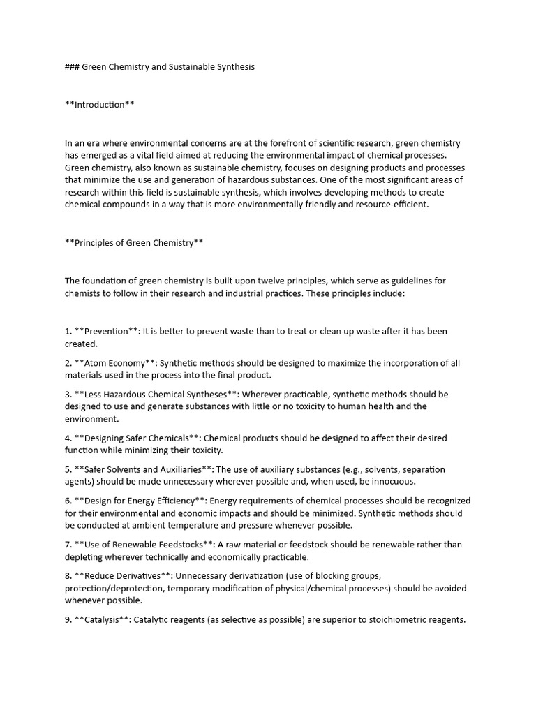 Green Chemistry and Sustainable Synthesis | PDF