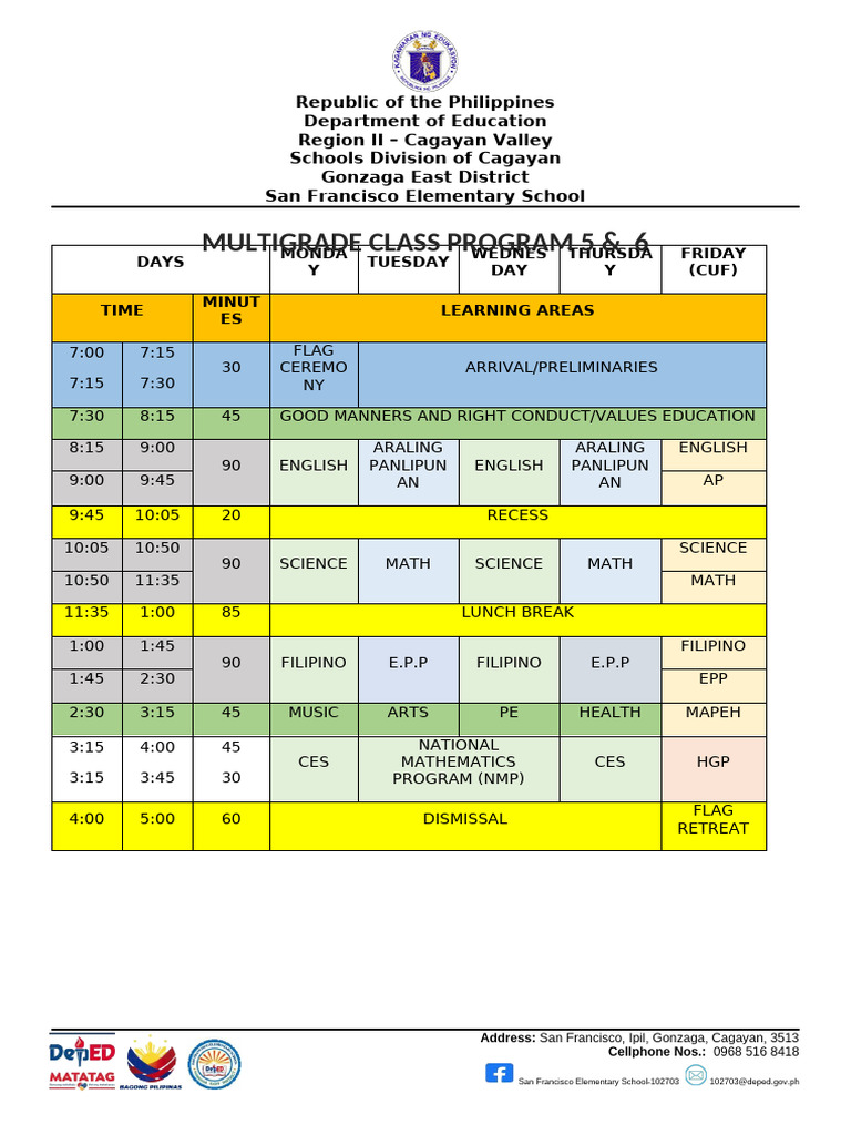 San Francisco Elementary School Schedule | PDF | Philippines