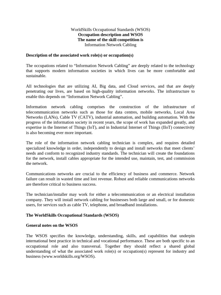 Worldskills Occupational Standards Cabling Os Pdf