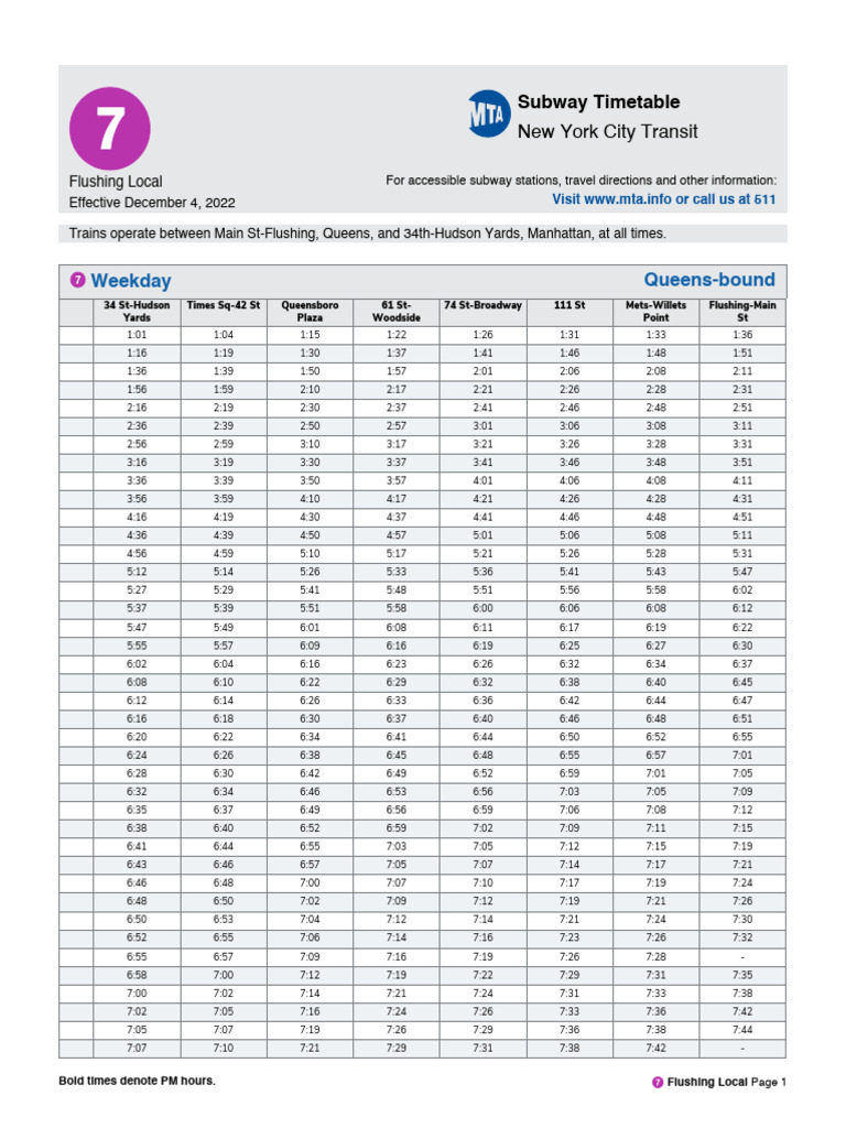 MTA 7 Subway Timetable 20221204 | PDF
