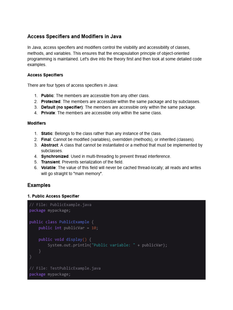 Access Specifiers and Modifiers | PDF